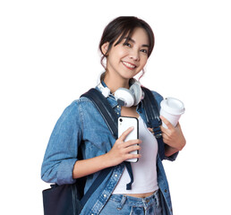 Portrait of young Asian woman student standing with smartphone coffee and backpack.College Teenager University concept.