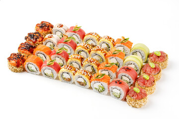 set of fresh appetizing rolls on white background for online restaurant website 25