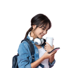 Portrait of young Asian woman student texting message using mobile phone application.College Teenager University concept.