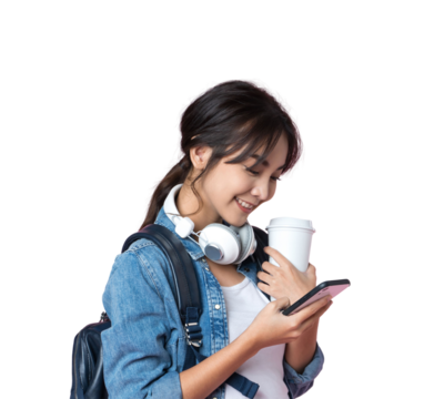 Portrait of young Asian woman student texting message using mobile phone application.College Teenager University concept.