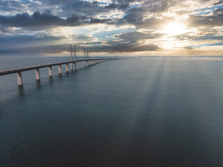 Panoramic aerial close up view of Oresund bridge over the Baltic sea between Malmo city in Sweden and Copenhagen in Denmark.