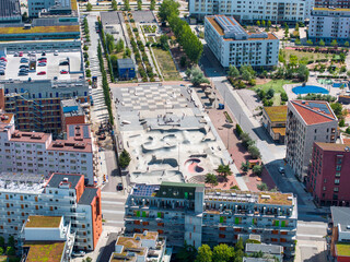 Fototapeta na wymiar Aerial view of the skate park in Malmo, Western Harbour district. Largest skate park in Europe.