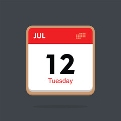 tuesday 12 july icon with black background, calender icon	