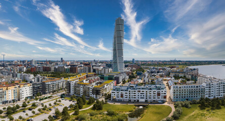 Beautiful aerial view of the Vastra Hamnen- The Western Harbour -district in Malmo, Sweden. Panoramic aerialview.