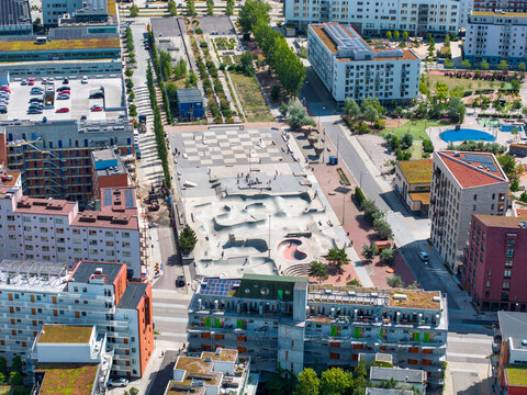 Aerial view of the skate park in Malmo, Western Harbour district. Largest skate park in Europe.