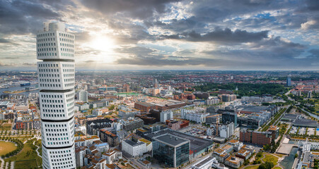 Beautiful aerial panoramic view of the Malmo city in Sweden. Turning Torso skyscraper in Malmo,...