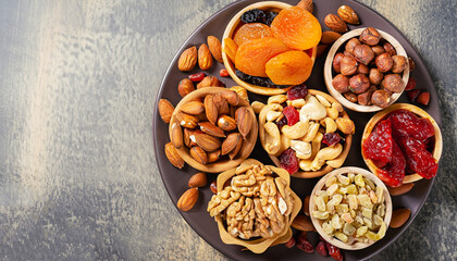Healthy Snack of Nuts and Dried Fruit, top view.