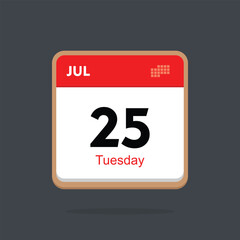 tuesday 25 july icon with black background, calender icon	