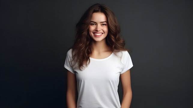 Young Woman Wearing a Bella Canvas White Shirt on a Gray Background. Design T-Shirt Template and Print Presentation Mockup