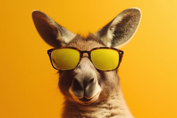 Fototapeta premium Cool and cute kangaroo dons stylish sunglasses and scarf, bringing a touch of fashion to the outdoors of Australia. AI Generative.