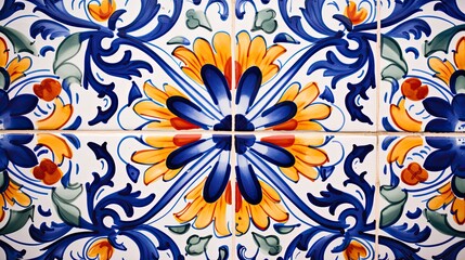 Fototapeta premium hand-painted ceramic tiles in a floral theme, for a horizontal background, product display/mock-up with copy space. Decor-themed in a JPG format. Generative AI