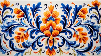 hand-painted ceramic tiles in a floral theme, for a horizontal background, product display/mock-up with copy space.  Decor-themed in a JPG format. Generative AI