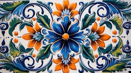 a Mexican tile, horizontal top view in an ethnic decor-themed, photorealistic, JPG illustration.  Generative ai
