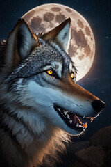 A wolf in a blue moon night - AI Generative