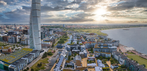 Beautiful aerial panoramic view of the Malmo city in Sweden. Turning Torso skyscraper in Malmo, Sweden.