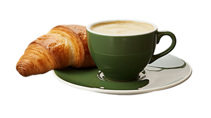  a delicious, Croissant with a Green Coffee cup and saucer in a horizontal layout, Food-themed, photorealistic illustration in a PNG, cutout, and isolated. Generative AI