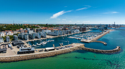 View of the Helsinborg city centre and the port of Helsingborg in Sweden. Old town by the beach and...