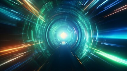 abstract futuristic background portal tunnel with pink blue and green glowing neon moving high speed wave lines and glare lights. Data transfer concept Science style wallpaper 