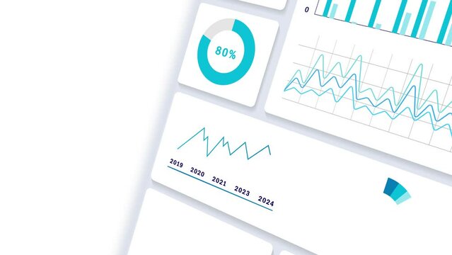 Landing Business Website with Statistical Infographics (Graph, Chart and Diagrams). Navigating Professional Dashboard of Web Page In 3D Perspective. Online Business Performance, Statistics and Success