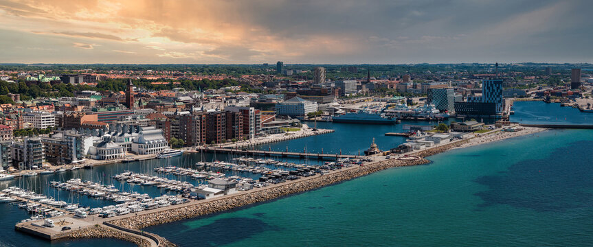 View of the Helsinborg city centre and the port of Helsingborg in Sweden. Old town by the beach and city port in Helsingborg harbour. Beautiful aerial view.