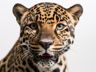 Fototapeta na wymiar Confused wild leopard portrait and isolated white background. Generative AI