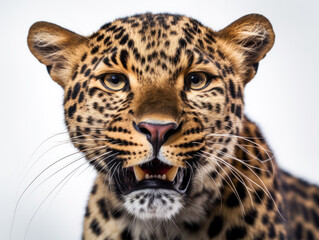 Fototapeta na wymiar Cute confused wild leopard portrait and isolated white background. Generative AI