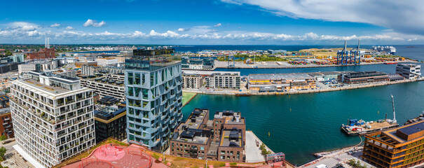 Aerial panorama of Indre Osterbro, Nordhavnen districts. New modern district in Copenhagen,...