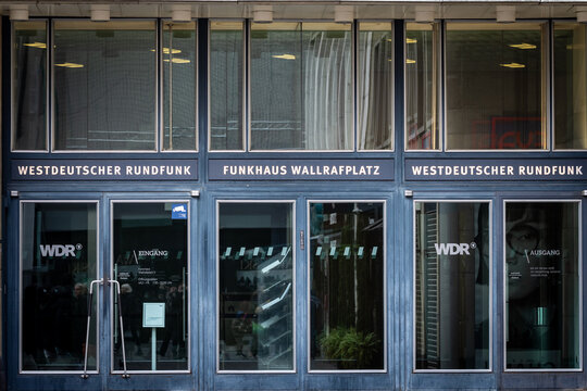 COLOGNE, GERMANY - NOVEMBER 6, 2022: Funkhaus Wallrafplatz with the logo of WDR in Cologne. WDR or Westdeutscher Rundfunk, is a public German TV Channel & radio in Nordrhein westfalen, Western Germany