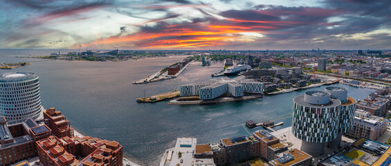 Aerial panorama of Indre Osterbro, Nordhavnen districts. New modern district in Copenhagen, Denmark. Beautiful modern buildings, Portland Towers and UN. - obrazy, fototapety, plakaty