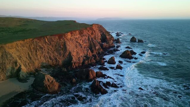 Cinematic Flight Over Rocky Coastal Cliffs, Ocean View, Bodega Head, Sonoma County, 4K, Waves Crashing Onto Rocks, Birds Flying By