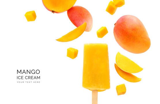 Creative layout made of mango ice cream on the white background. Flat lay. Food concept. Macro  concept. Vegan ice ream.