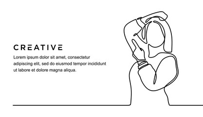 continuous line drawing of happy charming young woman with hand on head, as pointing at upper left corner smiling and tilting head