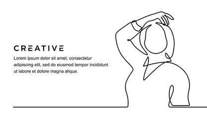 continuous line drawing of young beautiful female posing with hand on head