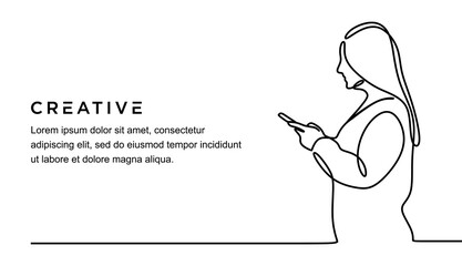 continuous line drawing of young beautiful female using device gadget