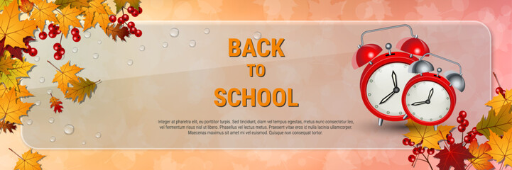 Back to school, education autumn style vector banner template. Background with colorful autumn leaves
