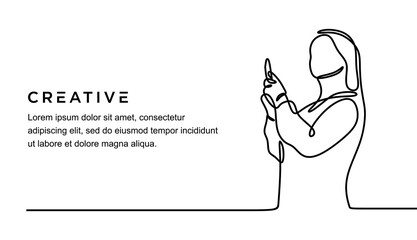 continuous line drawing of young beautiful female holding phone, looking up