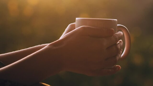 Close-up female hands holding a white ceramic cup of hot coffee or tea to drink at sunrise outdoors. Steam above the mug on blurred nature background. Peaceful morning concept.