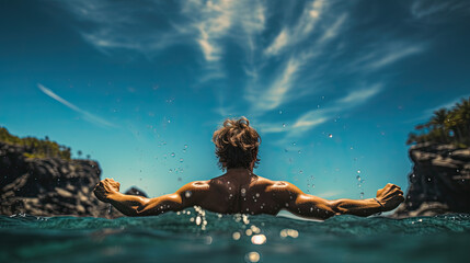 a young man swims in the sea. back view. Generative AI