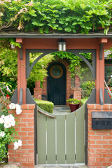 Fototapeta na wymiar charming craftsman style cottage with arbor covered garden gate
