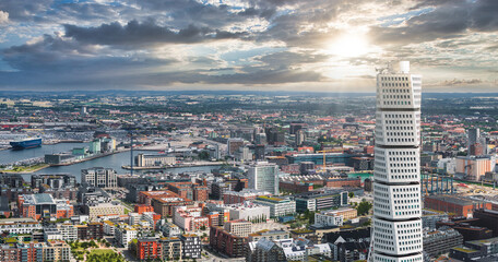 Fototapeta premium Beautiful aerial panoramic view of the Malmo city in Sweden. Turning Torso skyscraper in Malmo, Sweden.