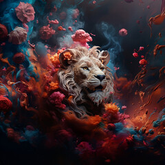 A lion shrouded in dense cosmic colored smoke from the multi colored universe. Generated by AI.