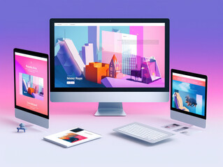 3D illustration of abstract geometric shapes on a clear background, with a prominent desktop computer