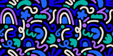 Hand drawn contemporary art collage with multicolor abstract shapes. Vector seamless pattern with modern Scandinavian design elements.