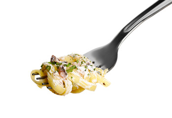 Fork with tasty pasta isolated on white, closeup