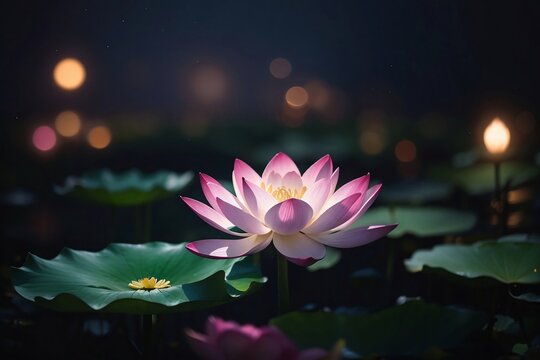 ilustración en horizontal de una flor de loto en la noche