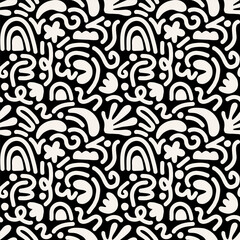 Hand drawn contemporary art collage with black and white abstract shapes. Vector seamless pattern with modern Scandinavian cut out elements.