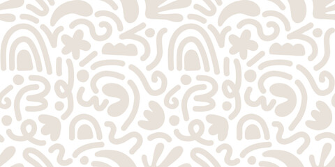 Hand drawn contemporary art collage with beige and white abstract shapes. Vector seamless pattern with modern Scandinavian cut out elements.