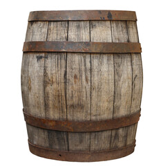 One wooden barrel with metal hoops isolated on white
