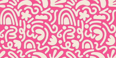 Hand drawn contemporary art collage with pink and white abstract shapes. Vector seamless pattern with modern Scandinavian cut out elements.