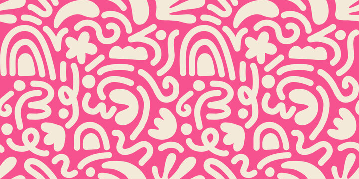 Hand drawn contemporary art collage with pink and white abstract shapes. Vector seamless pattern with modern Scandinavian cut out elements.